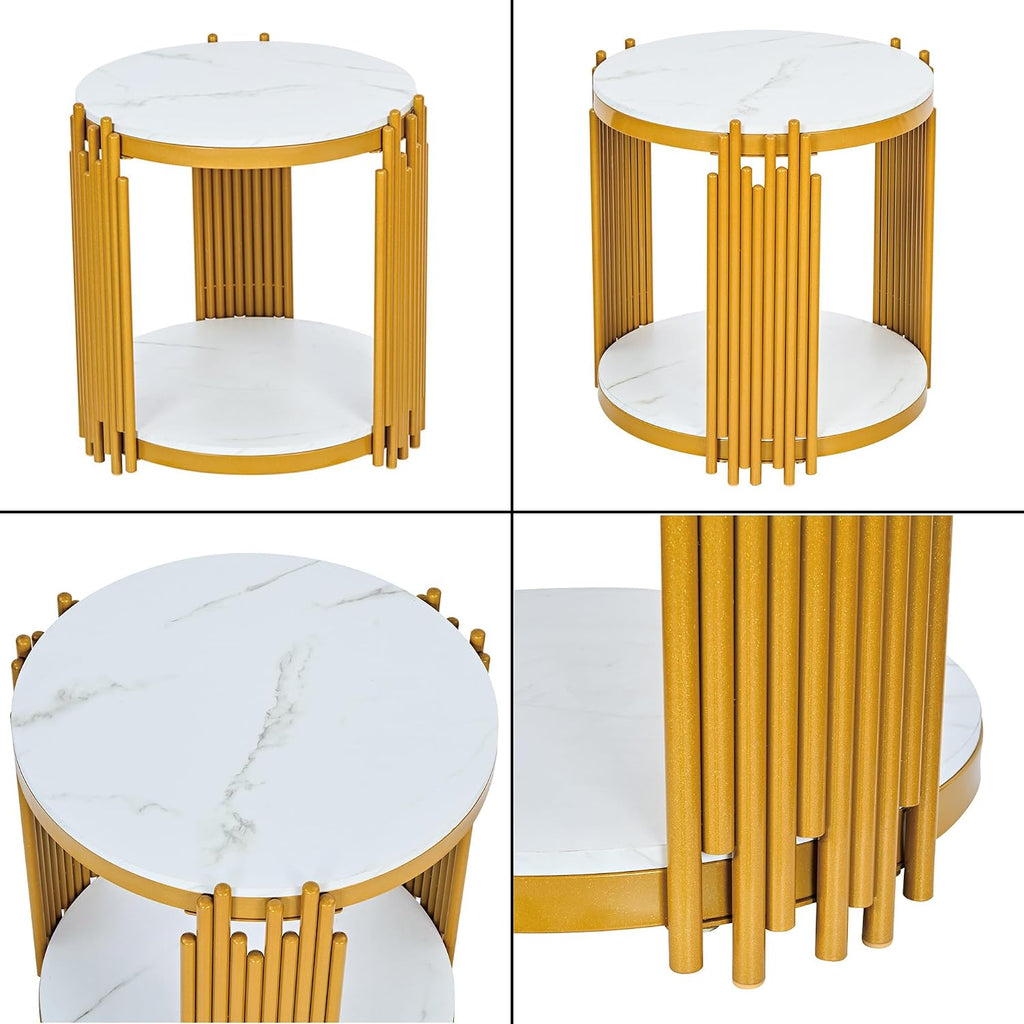 2-Tier Faux Marble End Table with Storge, Round End Table with Gold Metal Frame, Mid Century Modern Couch Sofa Side Tables Bedside Tables for Living Room Bedroom, Circular White Nightstand