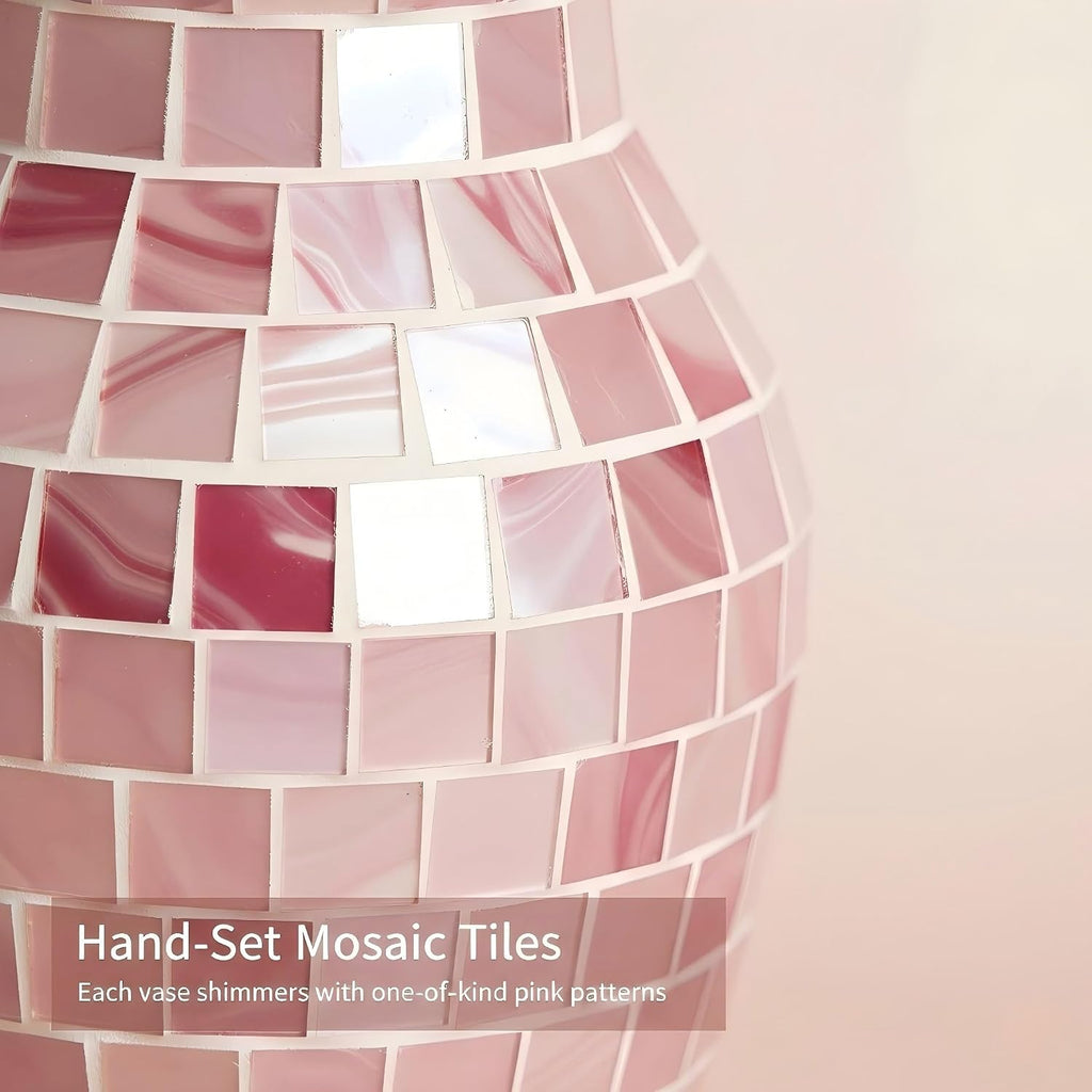 Pink Vase for Flowers, 8 Inch Mosaic Glass Centerpiece | Pink Gradient Tiles, Wedding Table Decor, 5.42 Inch Body for Bouquets and Pampas