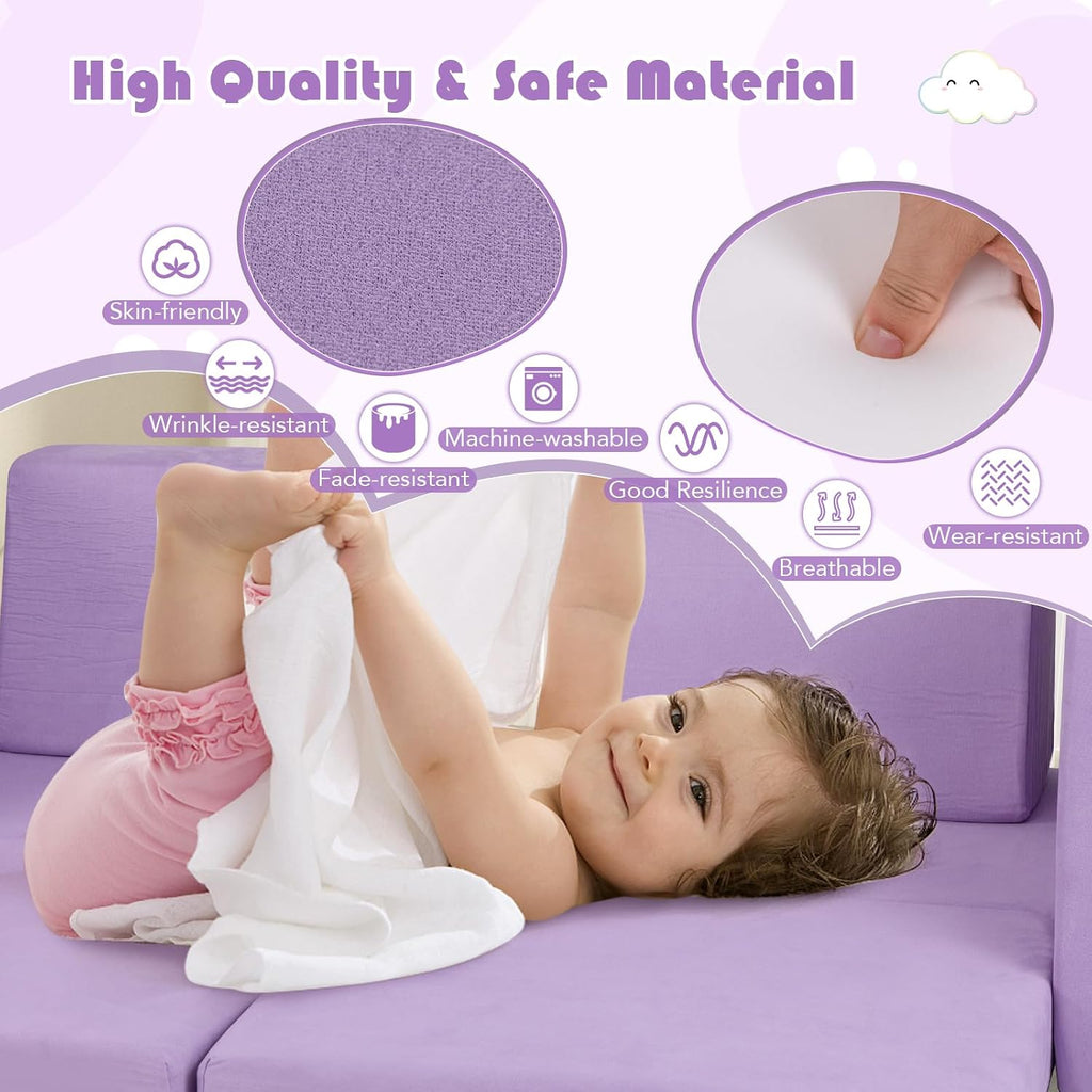 HONEY JOY Modular Kids Play Couch, 8 PCS Imaginative Convertible Foam Children Sofa, Playroom Bedroom Nursery Furniture, for Playing, Creativity, Large Toddler Couch, Gift for Boys Girls (Purple)