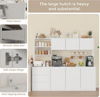 Bobve Large Kitchen Hutch Cabinet with Microwave Stand, Storage Cupboard Pantry with 3-Tier External Shelves and 3 Drawers, Ktichen Food Pantry with Open Countertop for Dining Room, White