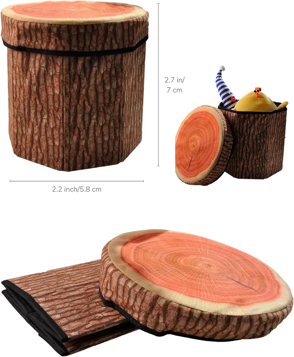 CHEFAN Fruit Storage Stool Ottoman,Tree Stump Stool, Cute Folding Storage Toy Box, Collapsible Seat Chest, Wood Stump Organizer Stool for Toy, Cloth and Kids