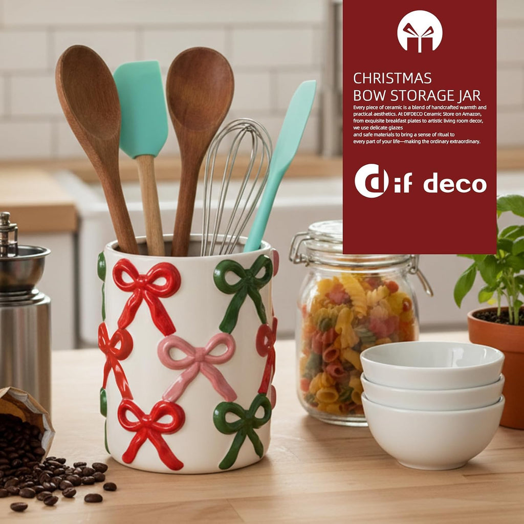 DIF DECO Christmas Ceramic Food Storage Jars with Lid, 56 OZ Xmas Hand-Painted Red and Green Bow Kitchen Containers for Coffee, Cookie, Snacks, Tea, Spice, Cereal, Nut, Flour