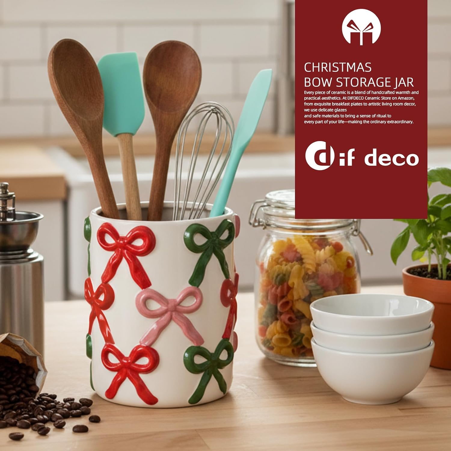 DIF DECO Christmas Ceramic Food Storage Jars with Lid, 56 OZ Xmas Hand-Painted Red and Green Bow Kitchen Containers for Coffee, Cookie, Snacks, Tea, Spice, Cereal, Nut, Flour