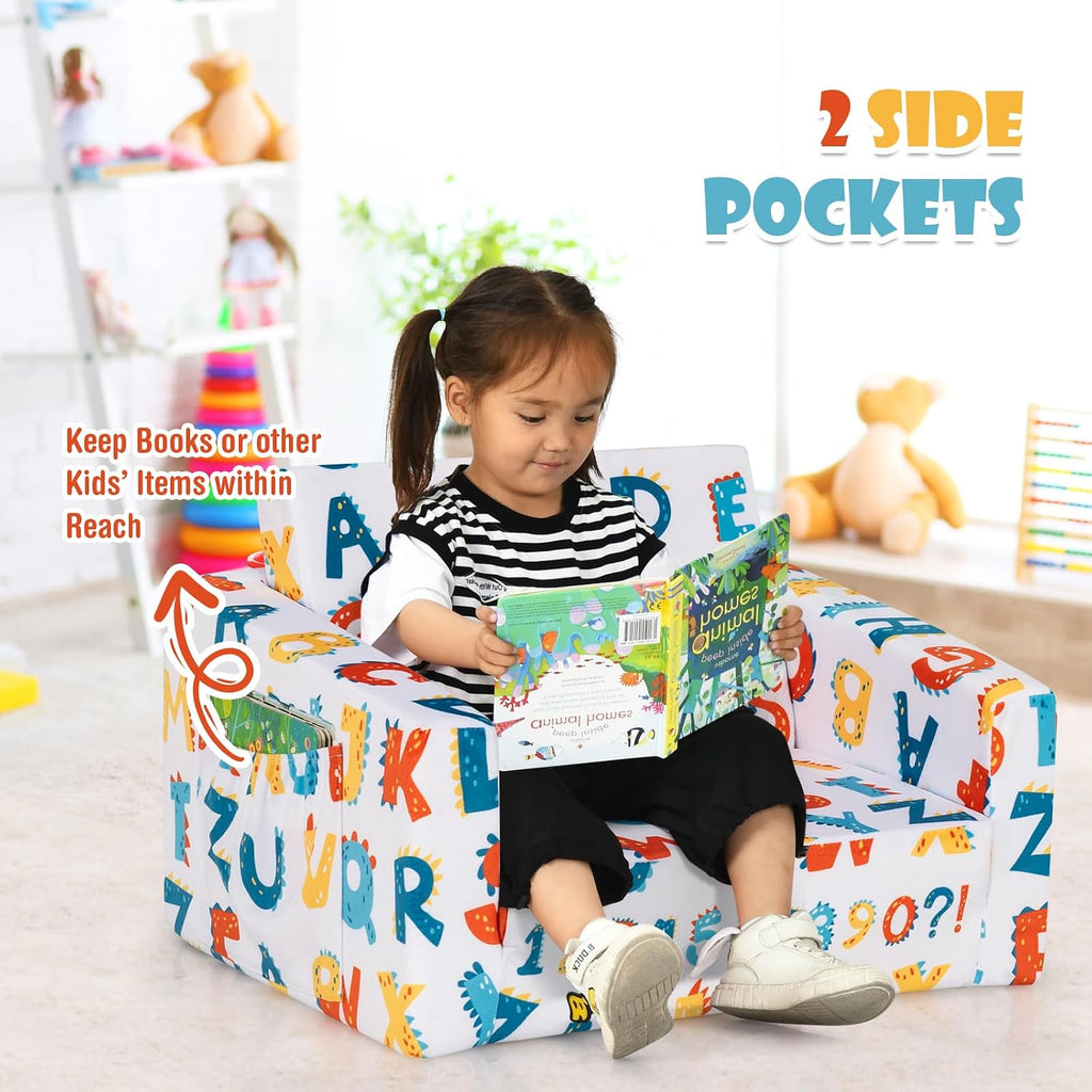 COSTWAY Kids Sofa, 2-in-1 Convertible Sofa to Lounger for Children with Side Storage Pocket, Flip Open Couch with Cut Patterns, Lightweight Toddler Furniture for Boys Girls (Alphabet)