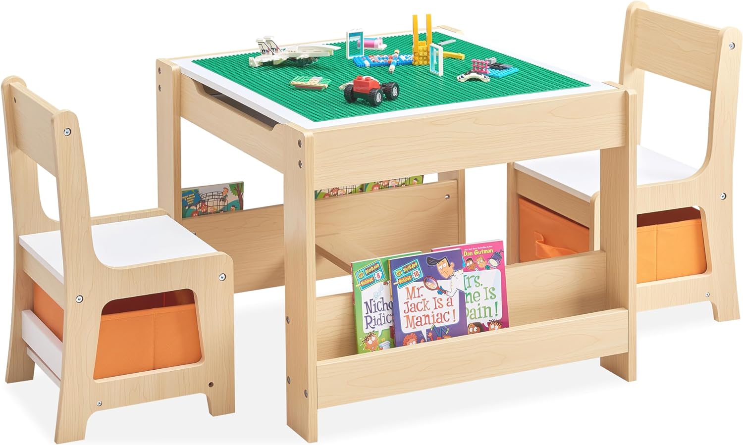 GABHX Kids Table and Chair Set, 4 in 1 Wooden Activity Table with Bookshelves and Storage Drawer, 2 in 1 Detachable Tabletop Construction Play Table Set for Drawing, Reading, Build Blocks