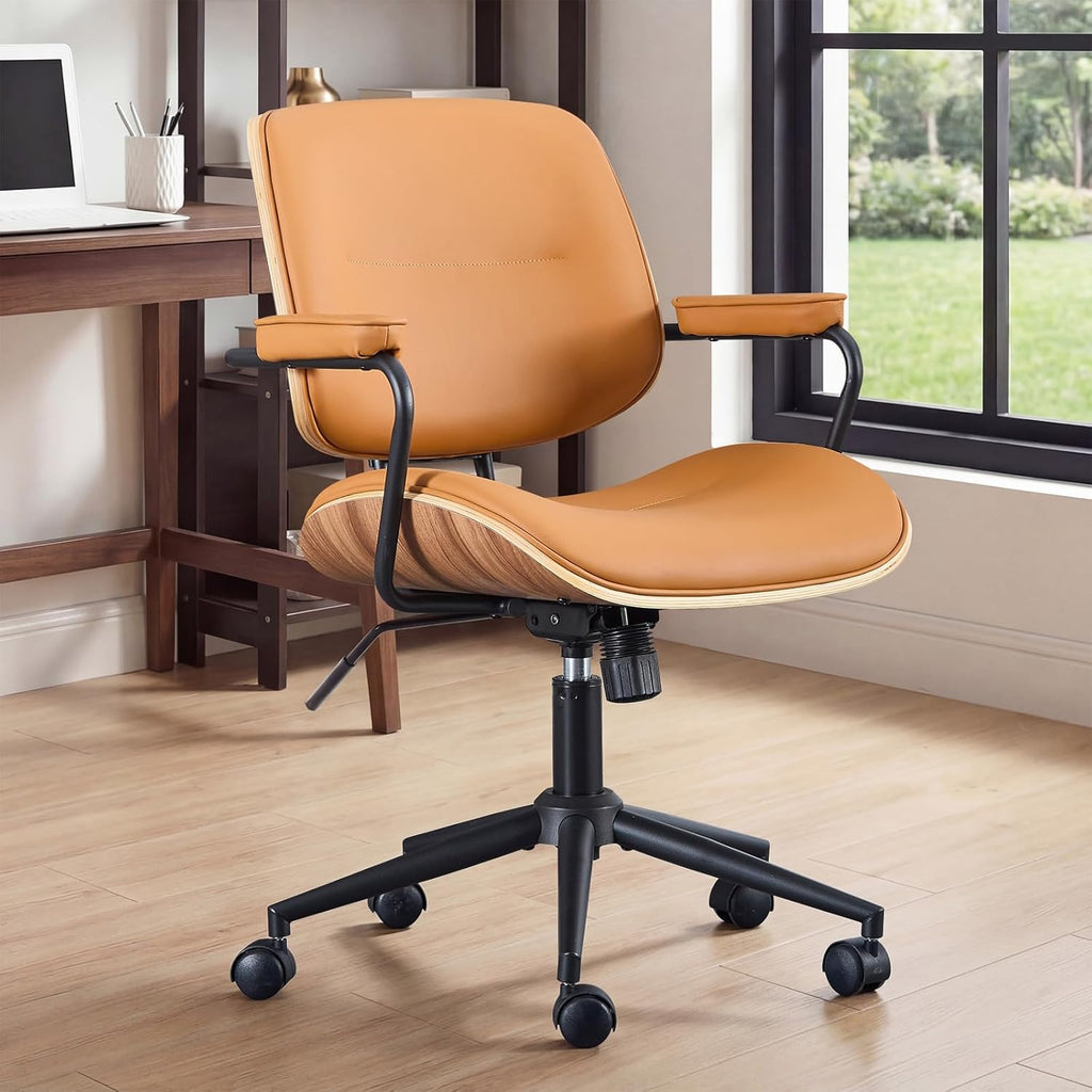 Mid Century Modern Office Chair with Adjustable Backrest, Wooden Desk Chair with Armrests, Swivel Height Adjustable Home Office Chair, Comfortable Task Chair for Home Office, Brown