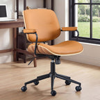Mid Century Modern Office Chair with Adjustable Backrest, Wooden Desk Chair with Armrests, Swivel Height Adjustable Home Office Chair, Comfortable Task Chair for Home Office, Brown