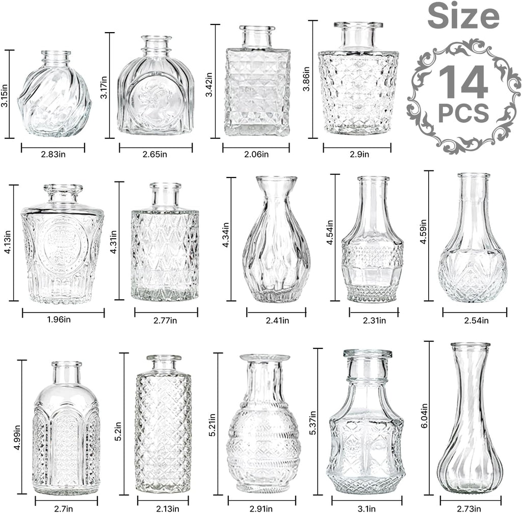 Clear Glass Bud Vase Set of 14 Pcs,Small Bud Vases in Bulk,Glass Crystal Flower Vases Table Centerpieces for Party Event Wedding Decor Baby Shower Decorations (Clear, 14 Pcs)