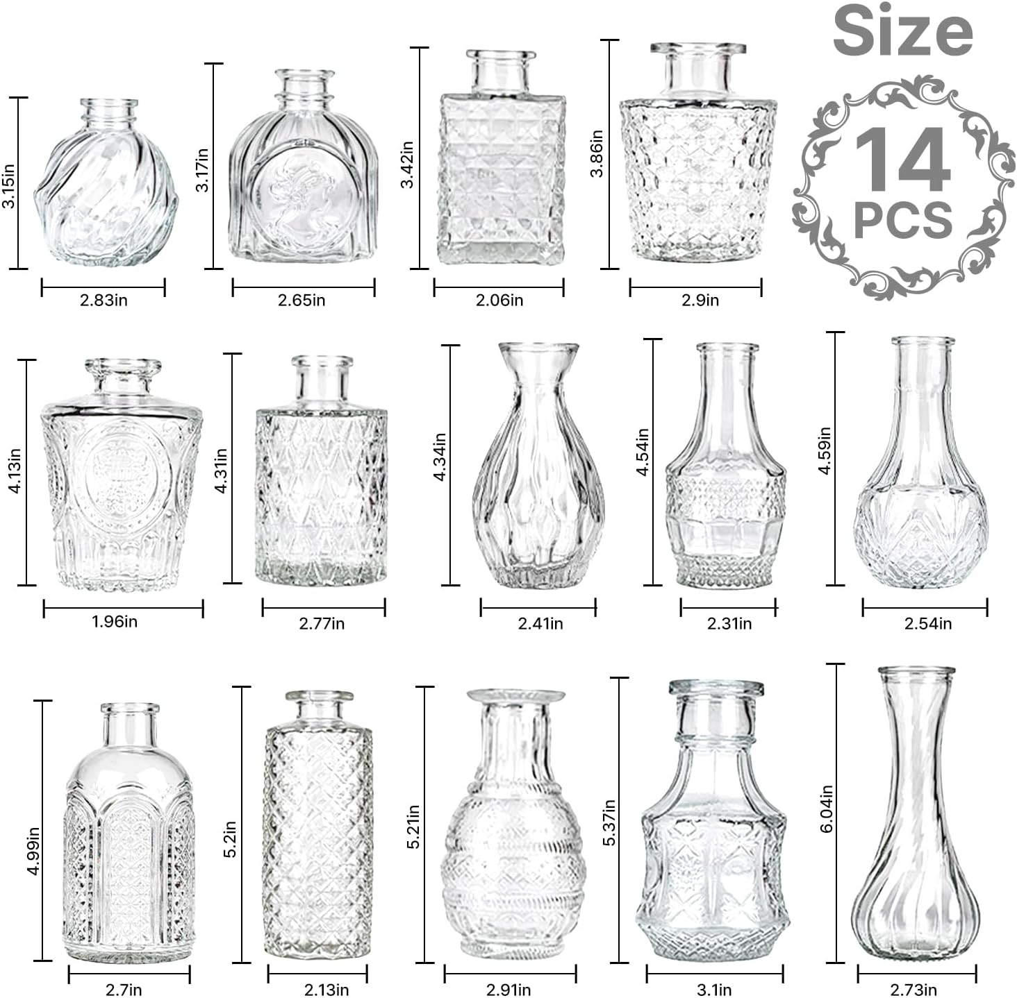 Clear Glass Bud Vase Set of 14 Pcs,Small Bud Vases in Bulk,Glass Crystal Flower Vases Table Centerpieces for Party Event Wedding Decor Baby Shower Decorations (Clear, 14 Pcs)