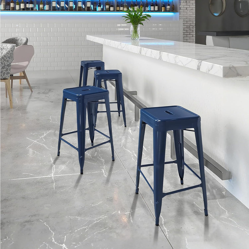 Sweetcrispy Metal Bar Stools Set of 4, 24 Inch Stackable Restaurant Classic Trattoria Metal Chairs, Backless Counter Height Barstool Chairs for Dining Room, Kitchen Island, Indoor Outdoor Use, Blue