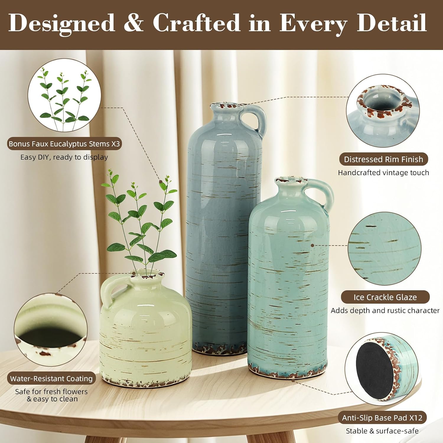 TBWIND Ceramic Vases Set of 3, Neutral Rustic Flower Vases with Handle for Modern Farmhouse Home Decor, Small Decorative Vases for Table Bookshelf Mantel Kitchen Living Room Bedroom - Morandi