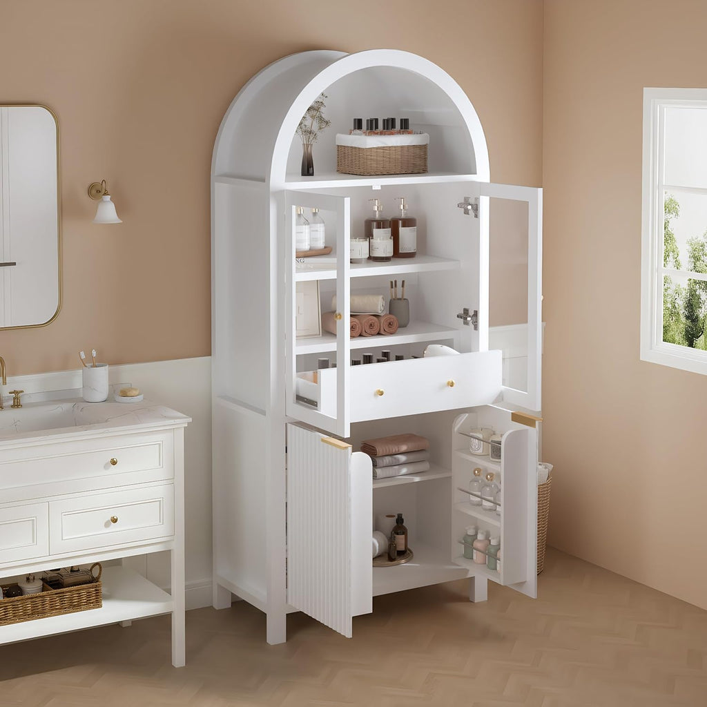 MERITLINE 71" Fluted Arched Pantry Cabinet with Glass Door & Hidden Drawer - Tall Display Storage Cabinet with Adjustable Shelves for Kitchen, Dining Room, Living Room (White)