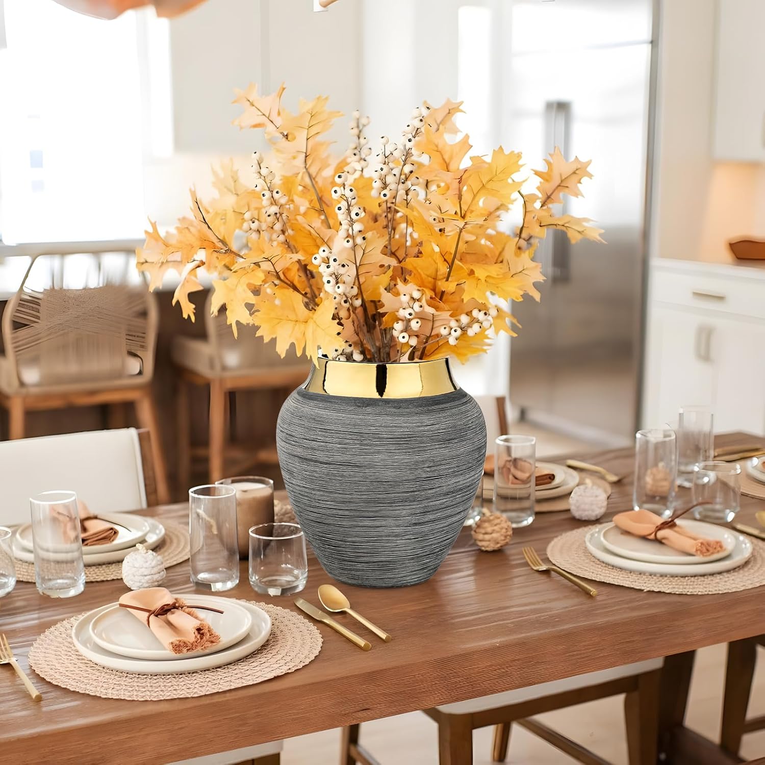 Rustic Ceramic Vase with Gold Rim – 9.4" Decorative Flower Vases for Living Room, Dining Table Centerpiece & Shelf Décor – Modern Farmhouse, Boho & Contemporary Home Accents