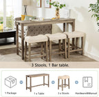 Merax 4 Piece Bar Table Set with Power Outlet,Behind Sofa Couch Table with 3 Linen Fabric Padded Saddle Seat Stools,for Living Room,Dining Room（Brown+Beige）