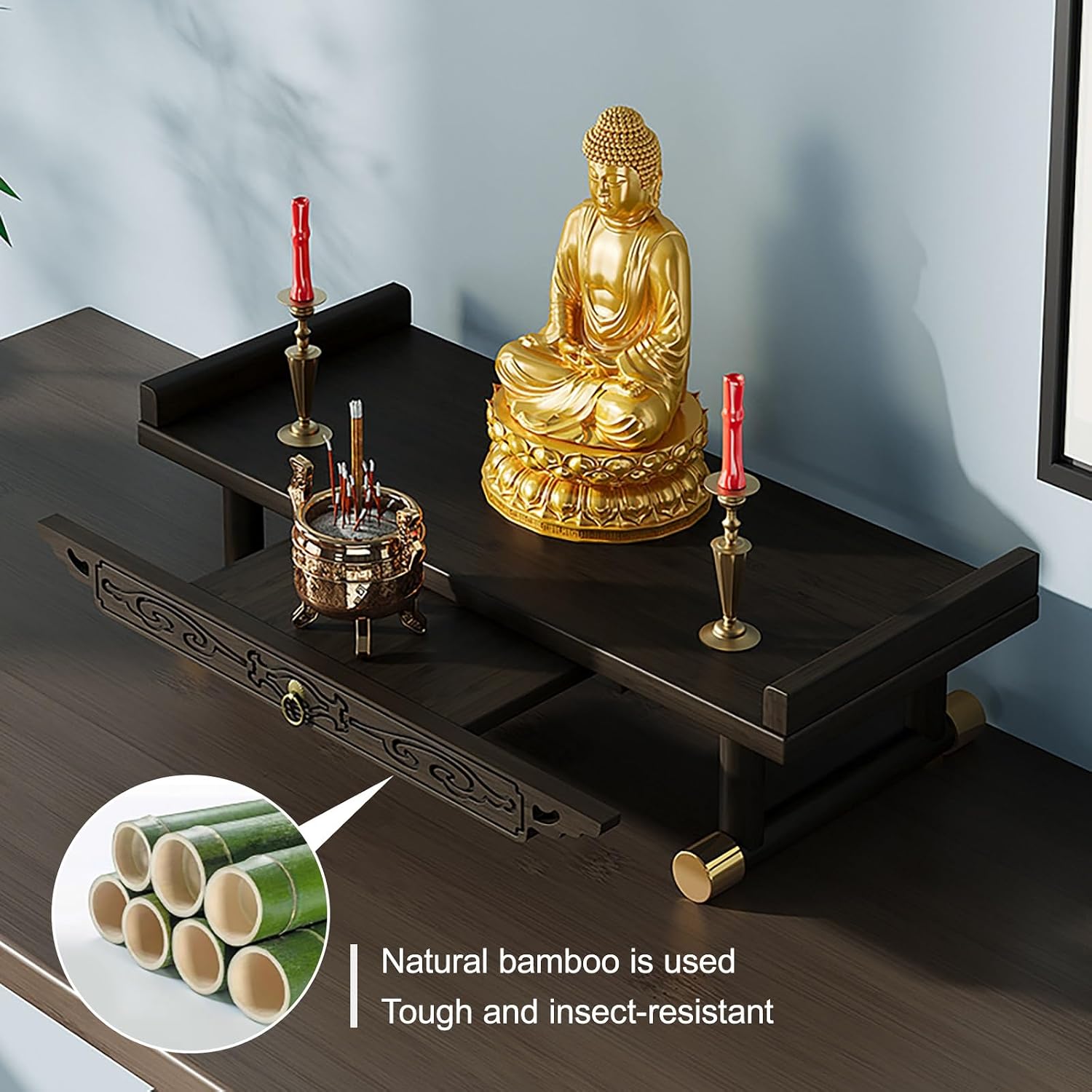 Chinese Personal Buddha Niches Shrine Meditation Table, Bamboo Meditation Altar Table Buddhist Prayer Altar Cabinet for Small Spaces(Brown A,66cm/26in)