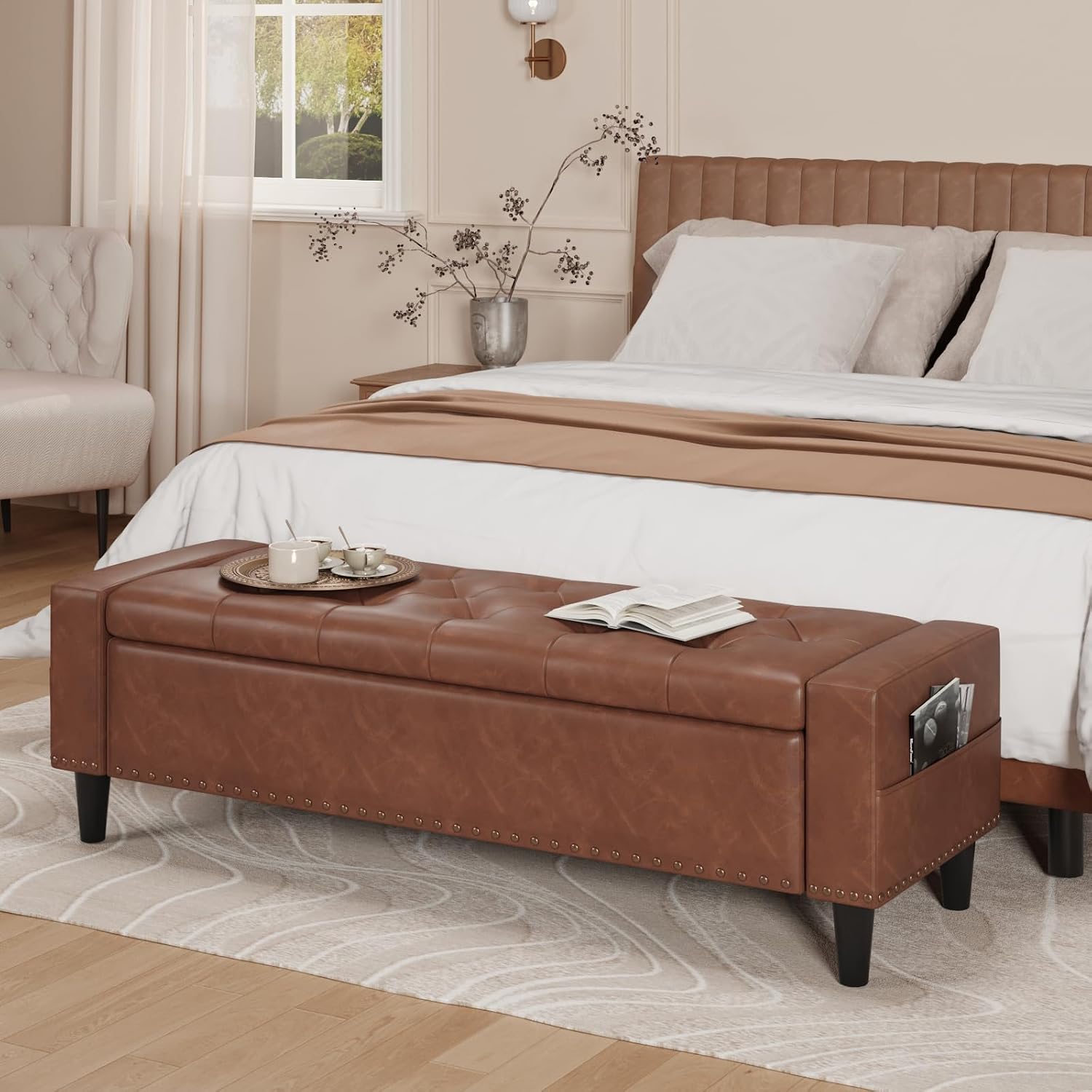 60" Storage Ottoman Bench, Faux Leather Upholstered Bed Bench with Tufted Buttons and Nailhead Trim, Large Ottoman with Storage for King Size End of Bed, Bedroom, Entryway, Hallway (brown)