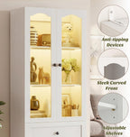 Cyclysio 80" Tall Pantry Cabinet, Kitchen Storage Cabinet with 3 Motion Sensor LED Lights, Arched Glass Doors, 3 Drawers, 3.15" Baseboard Cutout, White Pantry for Dining Room, Living Room