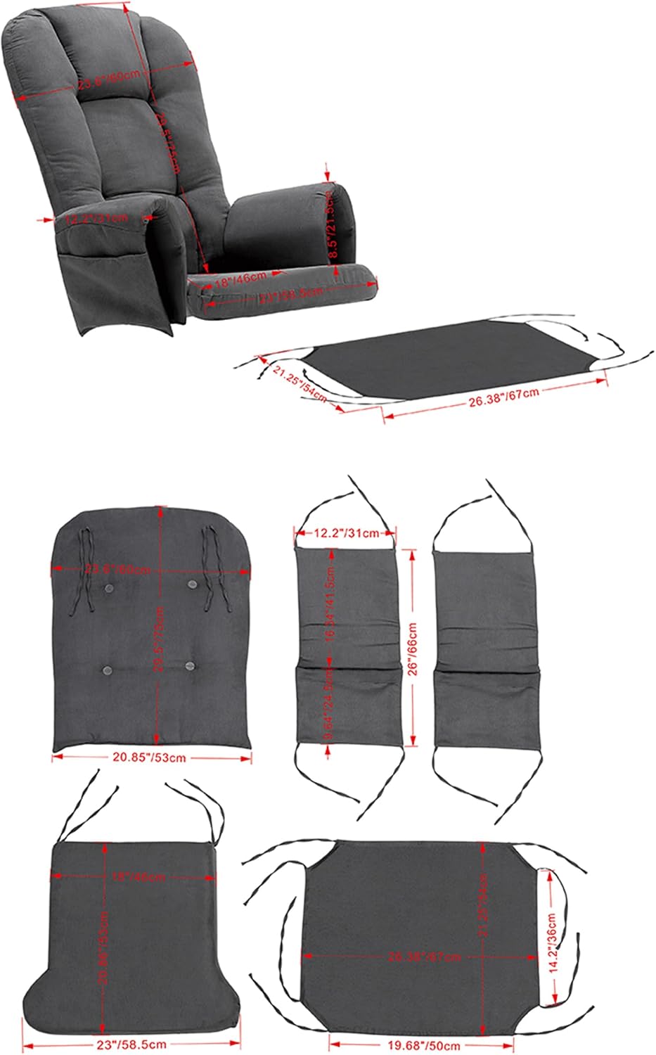 5Pcs Glider Rocker Cushions Set Velvet Glider Rocker Replacement Cushions with Side Storage Pockets, Washable Non Slip (Dark Gray)
