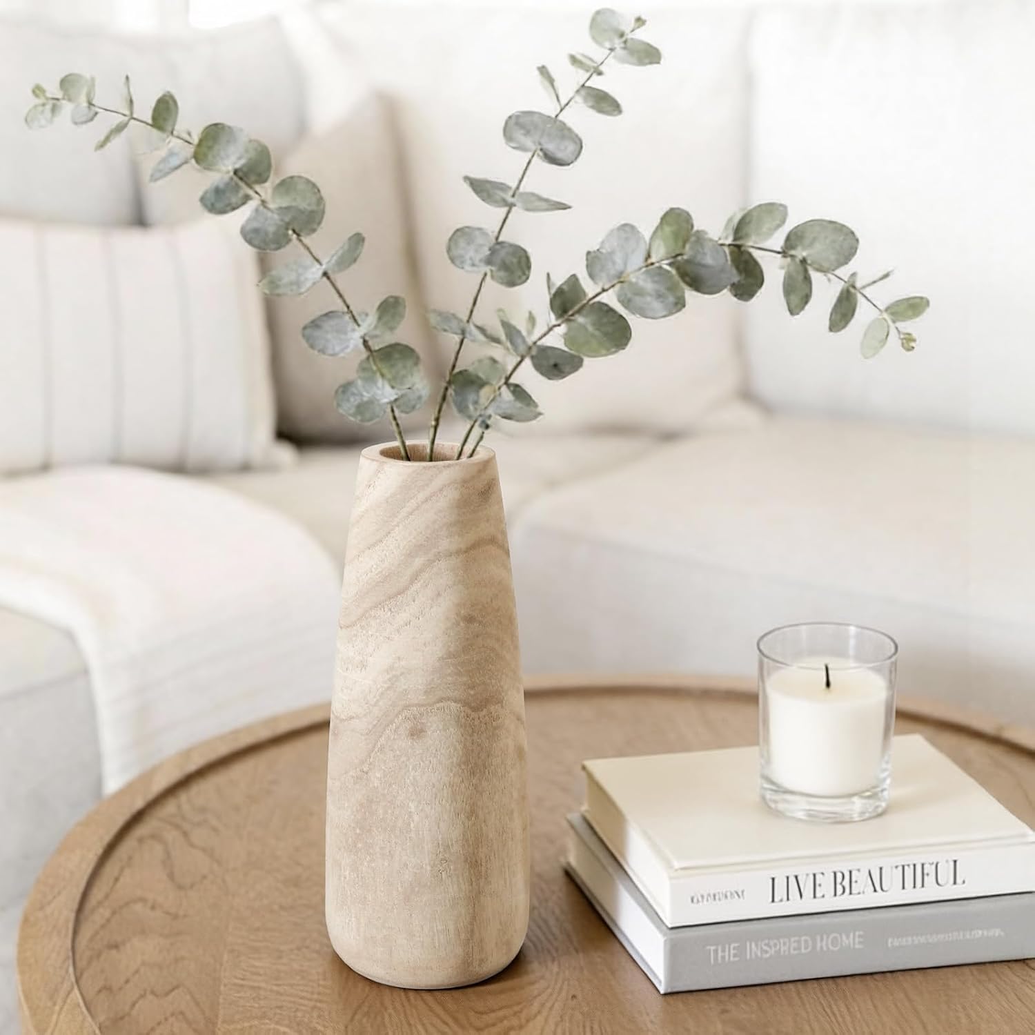 Natural Wood Vase for Dried Flowers - 9 Inch Decorative Wooden Vase, Warm Neutral Farmhouse Boho Decor for Living Room Bedroom Table Shelf