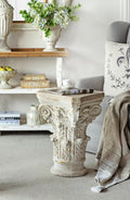 Small Side Table for Living Room, Farmhouse Rustic French Country MGO Pedestal Stand Ornate with Scrollwork Design and Gold Accents, Square Distressed Display Stand White 16x16x24.5