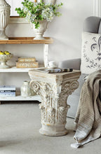 Small Side Table for Living Room, Farmhouse Rustic French Country MGO Pedestal Stand Ornate with Scrollwork Design and Gold Accents, Square Distressed Display Stand White 16x16x24.5