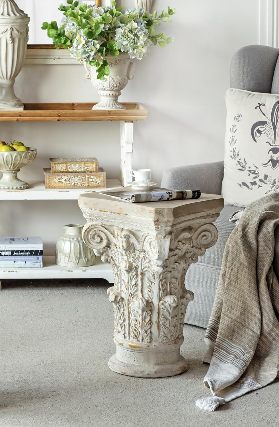 Small Side Table for Living Room, Farmhouse Rustic French Country MGO Pedestal Stand Ornate with Scrollwork Design and Gold Accents, Square Distressed Display Stand White 16x16x24.5