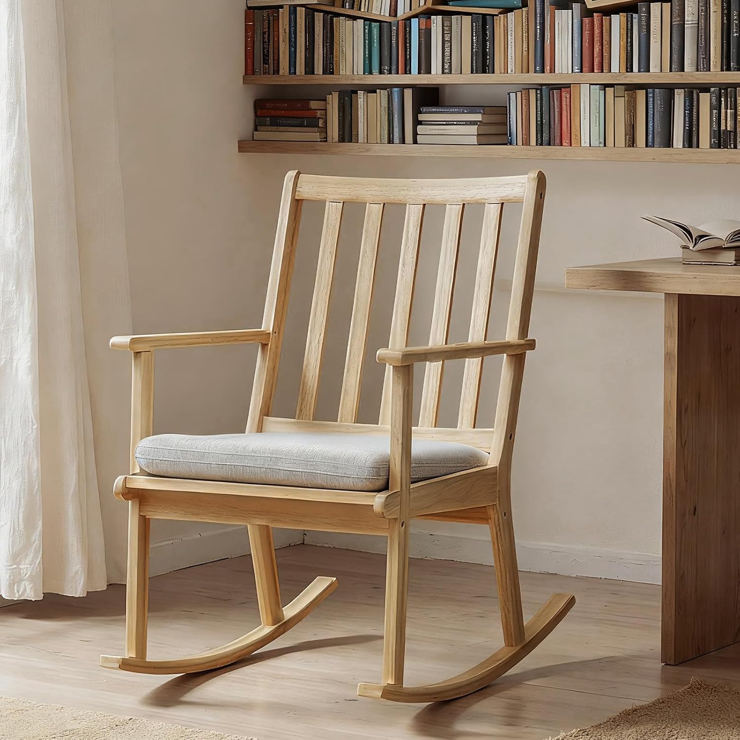Giantex Rocking Chair with Cushion, Solid Rubber Wood Rocker w/Slatted High Back & Padded Seat, Indoor Rustic Accent Armchair for Living Room, Bedroom, Study, Nursery, Patio, Natural (1)