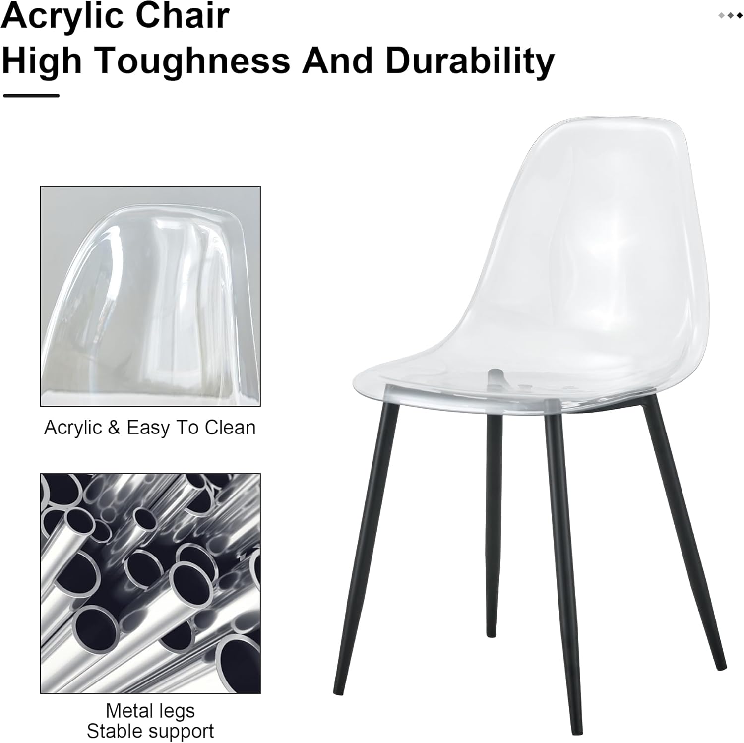 JUFU Acrylic Dining Chairs Set of 4, Modern Clear Chairs with Transparent Seat, Ergonomic Acrylic Side Chairs with Black Metal Legs for Dining Room, Kitchen, Living Room