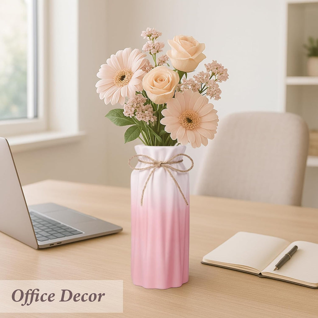 Gradient Pink Ceramic Bow Vase, Flower Vases Minimalism Style for Modern Home Decor, Decorative Vase for Living Room, Coffee Table, Office, Bookshelf and Farmhouse Table (Pink)