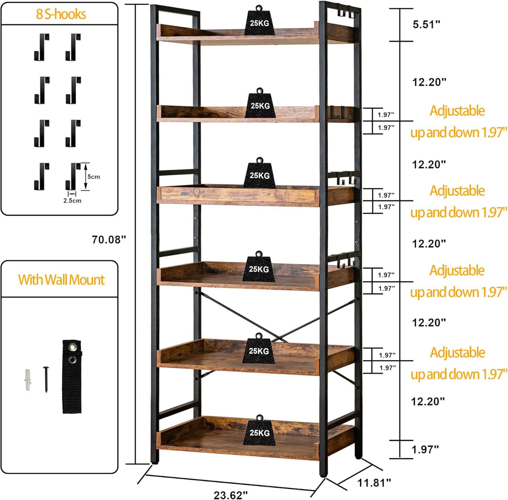 HCHQHS Adjustable 6 Tier Open Bookcase, Rustic Farmhouse Book Shelves, Industrial Wood and Black Metal Bookshelves, Mid Century Bookcase for Home Office Living Room Bedroom