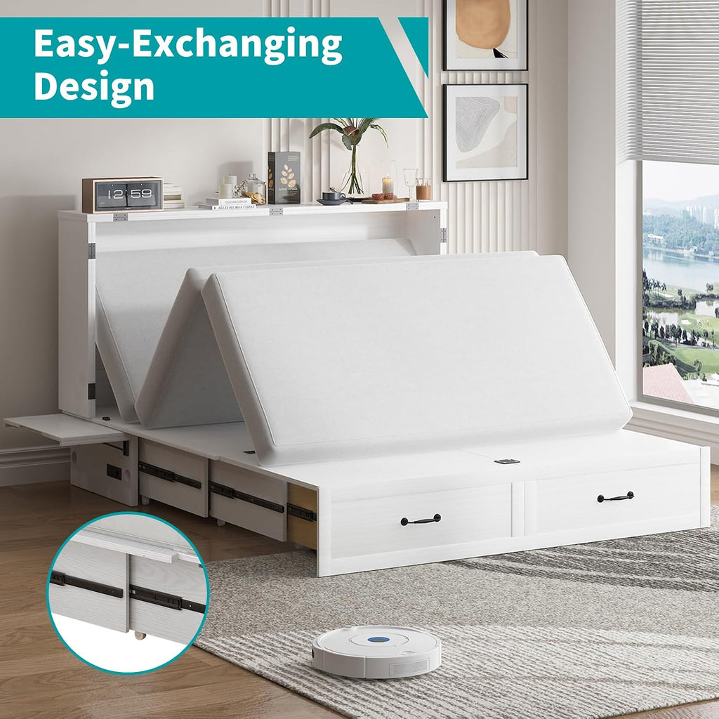 BALUS Queen Murphy Bed with Mattress, Cabinet Murphy Beds with Mattress & USB Chariging Station & Storage Drawer, Wooden Cabinet Beds, Queen Hidden Bed for Living Room/Bedroom -White