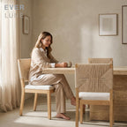Boho Mid Century Modern Dining Chairs Set of 4, Rattan Dinning Chair with a Square Back, Warm Beige Cane Dining Chair, Linen Upholstered Kitchen and Dining Room Chairs, Sillas para Comedor