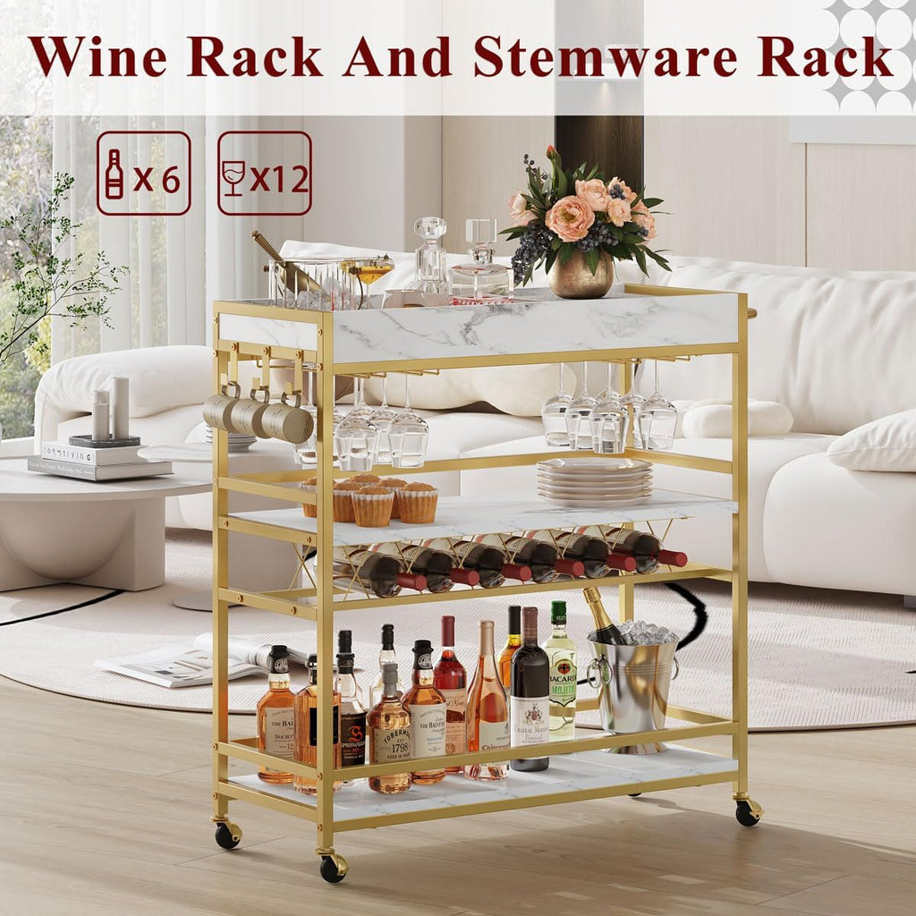 BON AUGURE Bar Cart for The Home, Rolling Home Bar Serving Cart on Wheels, 3 Tier Mobile Liquor Beverage Carts with Wine Rack and Glass Holder (Gold & Marbleized White)