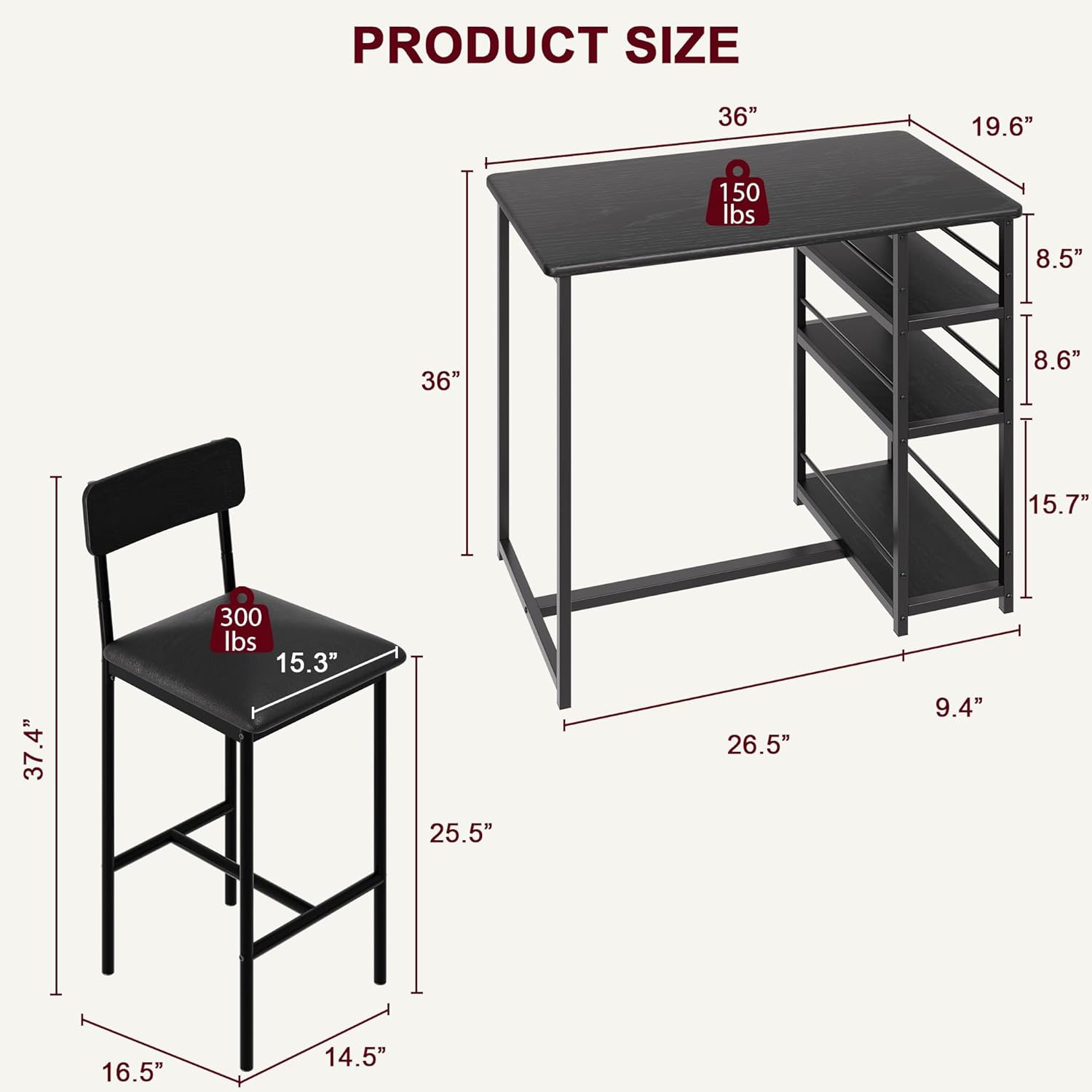 3-Piece Small Bar Table and Chairs Set for 2,Small Dining Table with 2 PU Cushioned Stools,3 Storage Shelves, Space Saving Kitchen Table Set for Breakfast Nook, Apartment, Bistro,Black.