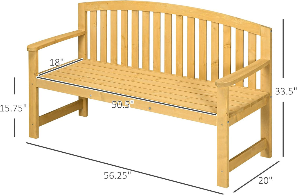 Wood Garden Bench, 56 in Natural 2-Seater Outdoor Patio Bench Park Bench with Backrest and Armrests, Wooden Loveseat Seating for Porch Poolside Balcony Backyard