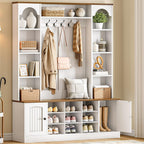 HOOBRO Hall Tree with Bench and Shoe Storage, 51" Entryway Bench with Coat Rack, Farmhouse Entryway Organizer with 5 Hooks, 8 Open Compartments, 9 Shoe Cubbies, for Hallway, White and Walnut WH180MT01