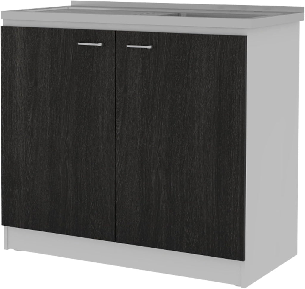 2-Piece Kitchen Set (Black/White) – 150cm Wall Cabinet + Utility Sink with Cabinet, Easy-Assemble Interlocking Design