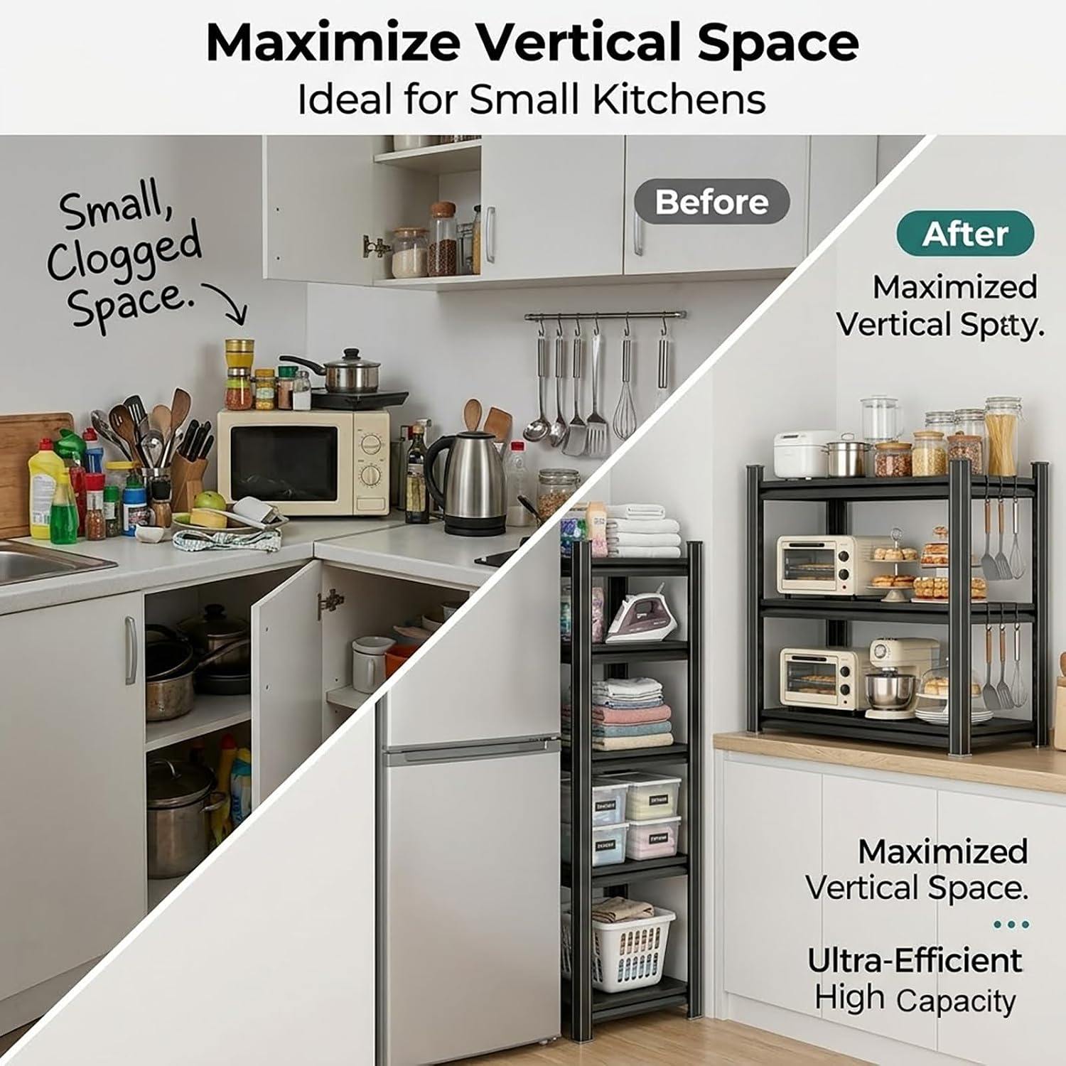 Kitchen Pantry Storage Shelves, 5-Tier Heavy Duty Metal Shelving Unit, Black Adjustable Deep Shelf Organizer for Pots, Pans, Food, and Pantry Items (5-45" W X 16" D X 71" H)