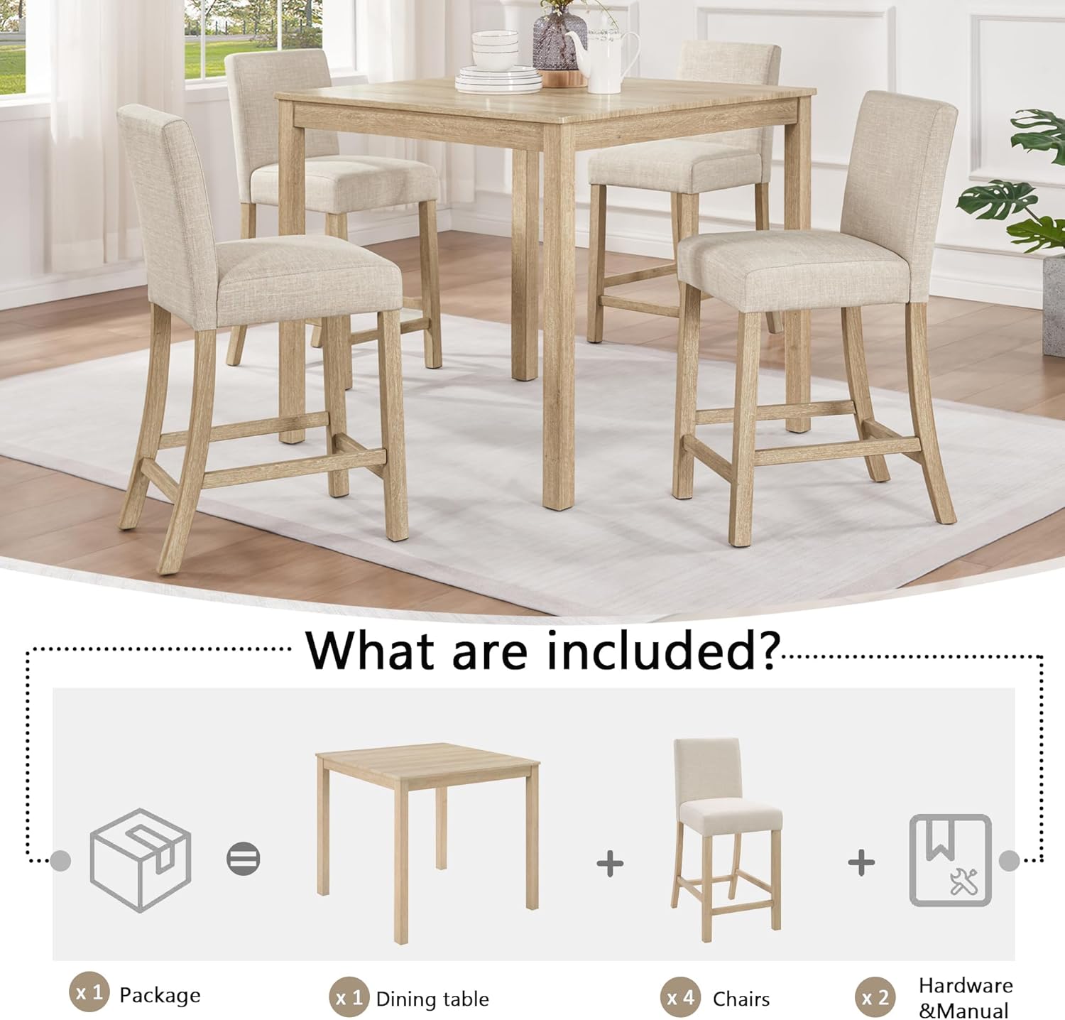 Harper & Bright Designs 5-Piece Counter Height Table Set with 4 Chairs, Wooden Light Oak Kitchen Dining Set for Small Spaces, Modern Square Counter Height Table and Upholstered Stools for Dining Room