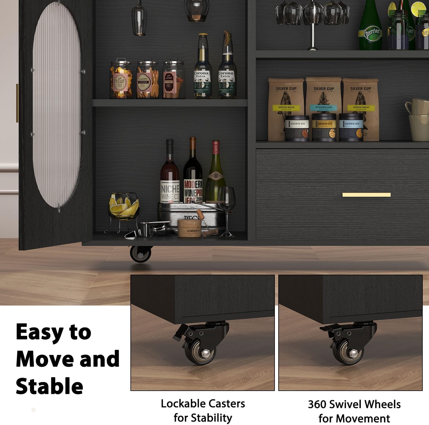 HSH 72" Rolling Kitchen Island with Seating, 360° Swivel Table, Kitchen Island with Storage Cabinet, Drawer & Shelves, Farmhouse Mobile Island Cart on Wheels for Dining Room & Home Bar, Black Oak