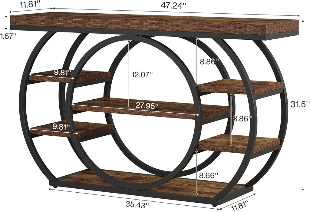 Tribesigns 47” Console Table, Industrial 5-Tier Entryway Table with Metal Frame, Narrow Console Sofa Table for Living Room, Hallway, Rustic Brown