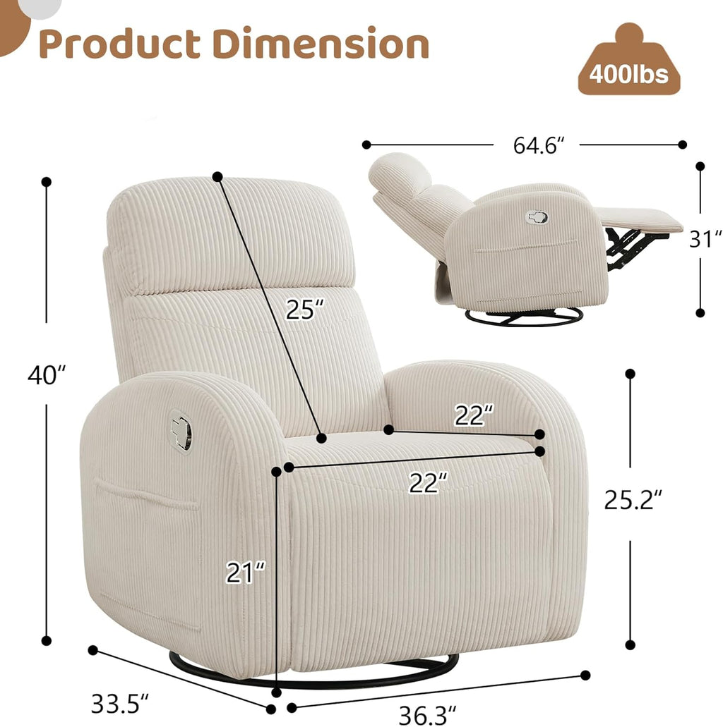 Glider Recliner for Nursery, Swivel Rocker Recliner with 2 Pockets for New Mother, Corduroy Manual Roking Recliners for Living Room, Bedroom, Cream White
