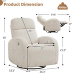 Glider Recliner for Nursery, Swivel Rocker Recliner with 2 Pockets for New Mother, Corduroy Manual Roking Recliners for Living Room, Bedroom, Cream White