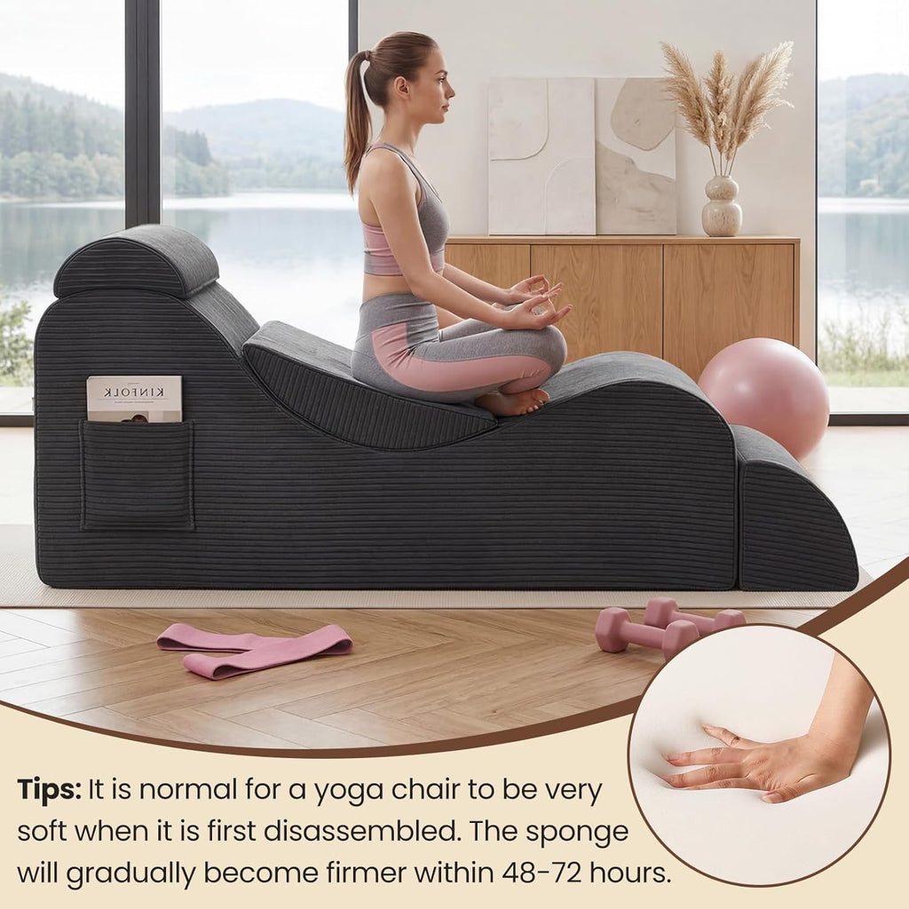 Yoga Chair Lounge for Adult, Ergonomic Foam Chaise Lounge Chair Indoor with Side Pocket, Headrest, Waist Pad, Ottoman, Perfect for Stretching, Massage, and Relaxation, No Assembly Required(Grey)