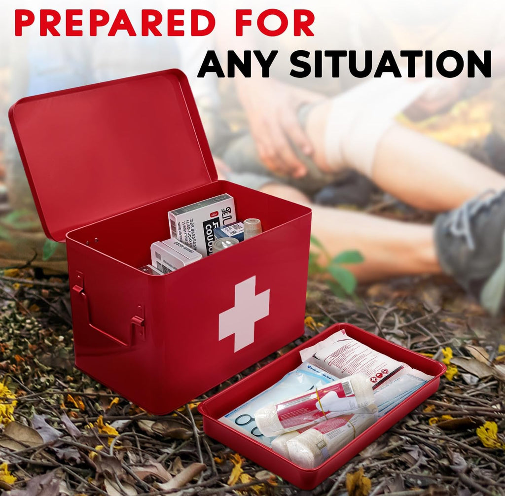 Plexon 8.5" Metal First Aid Box Empty, Medicine Storage Bin with Lid, Emergency Supplies Organizer, Portable First Aid Kit Case, Red