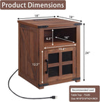 Barnyatoh Farmhouse Nightstand Set of 2 with Charging Station & Glass Door | 18" Night Stand, Rustic End Table,Wood Sofa Side Bedside Table with Open Storage Shelf for Living Room, Bedroom,Walnut