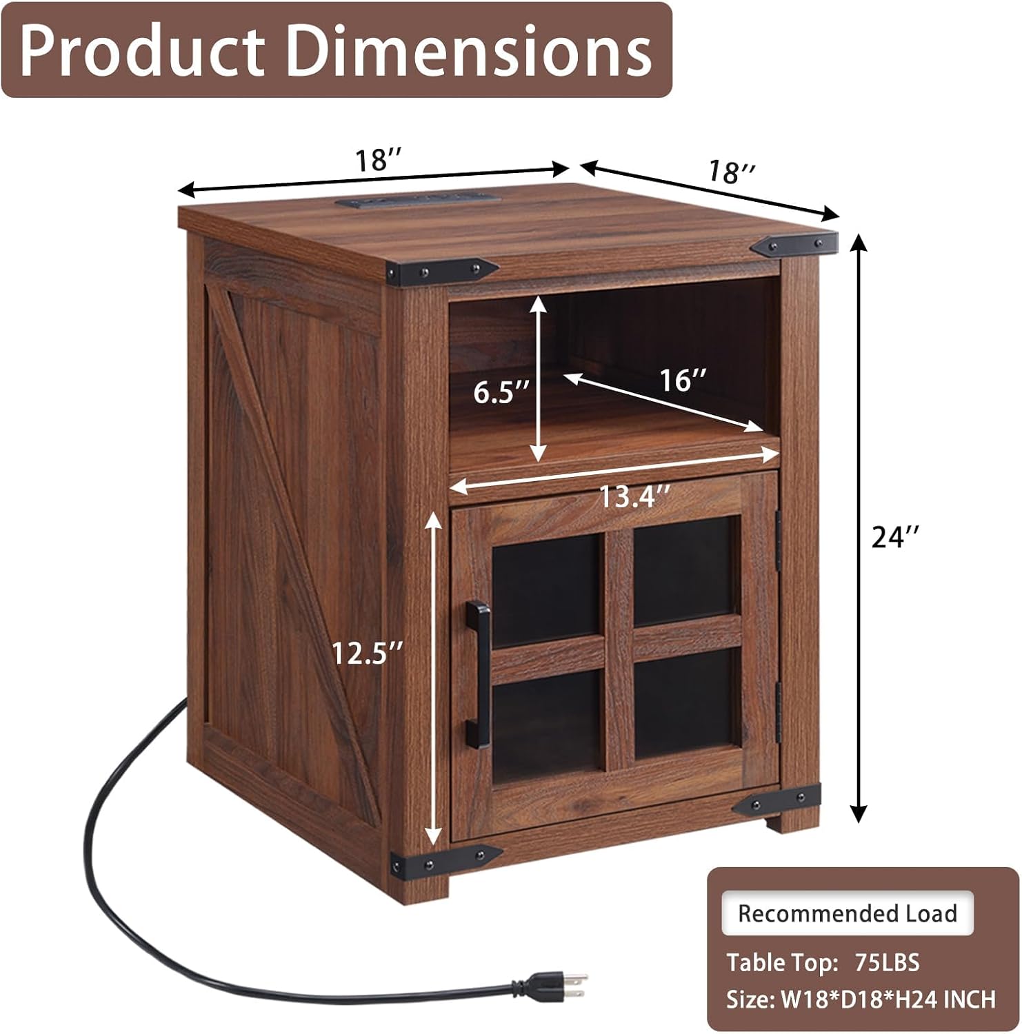 Barnyatoh Farmhouse Nightstand Set of 2 with Charging Station & Glass Door | 18" Night Stand, Rustic End Table,Wood Sofa Side Bedside Table with Open Storage Shelf for Living Room, Bedroom,Walnut