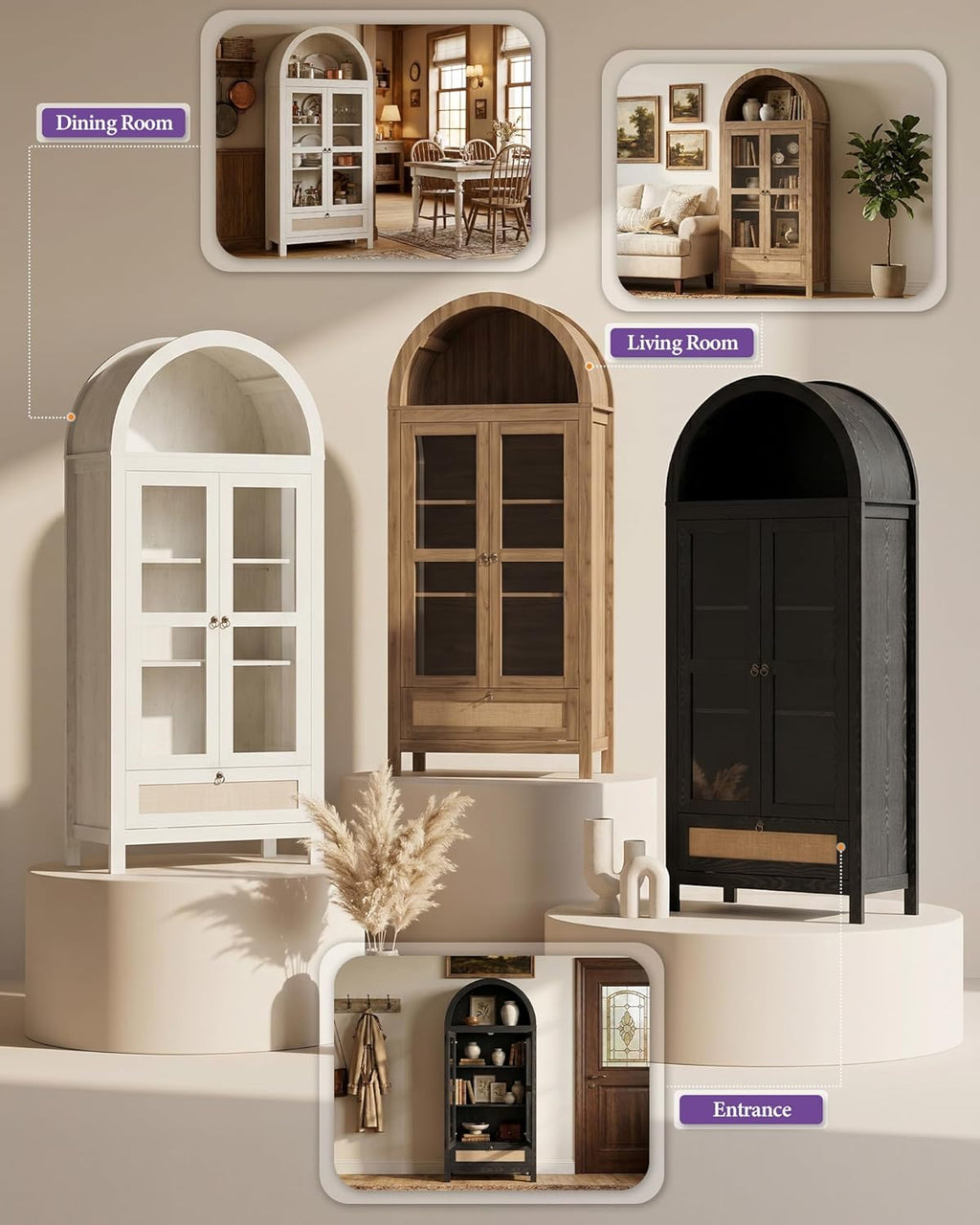 TYBOATLE 71" Tall Arched Pantry Cabinet with Innovative Drawer, Kitchen Cabinet with Anti-Tipping Device and Glass Door, Versatile Cupboard for Kitchen, Dining, Natrual