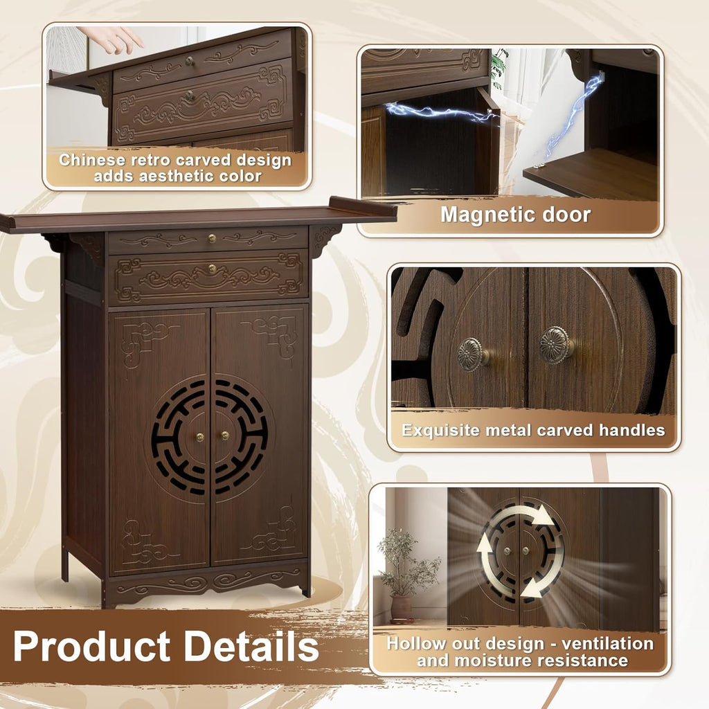 Altar Table for Spiritual, Buddhist Altar Table with Storage, Intricate Chinese Meditation Cabinet Pedestal Offering Desk, Personal Prayer Shrine Desk for Incense and Pray