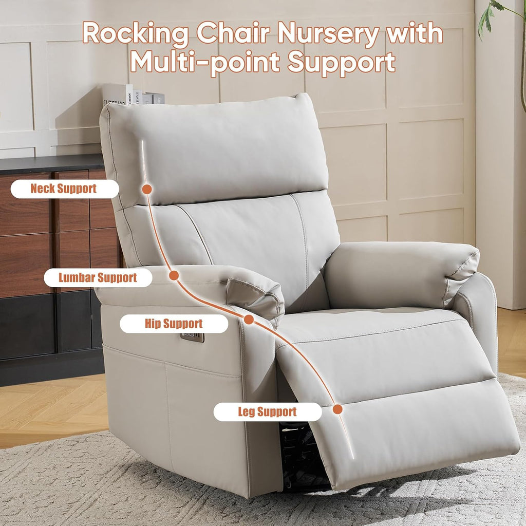 Power Rocking Chair Nursery with Adjustable Lumbar Support,Swivel Rocker Recliner with Overstuffed Armrests, Nursery Glider Recliner for Bedroom & Livingroom, USB & Type-C, Faux Leather Grey
